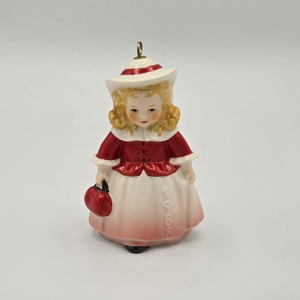 Vintage 1988 Goebel blonde girl in red and white dress hat ornament W‎ Germany
